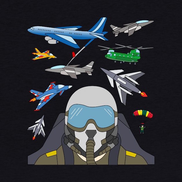 Jet Fighter Pilot with Military Planes and Helicopter by samshirts